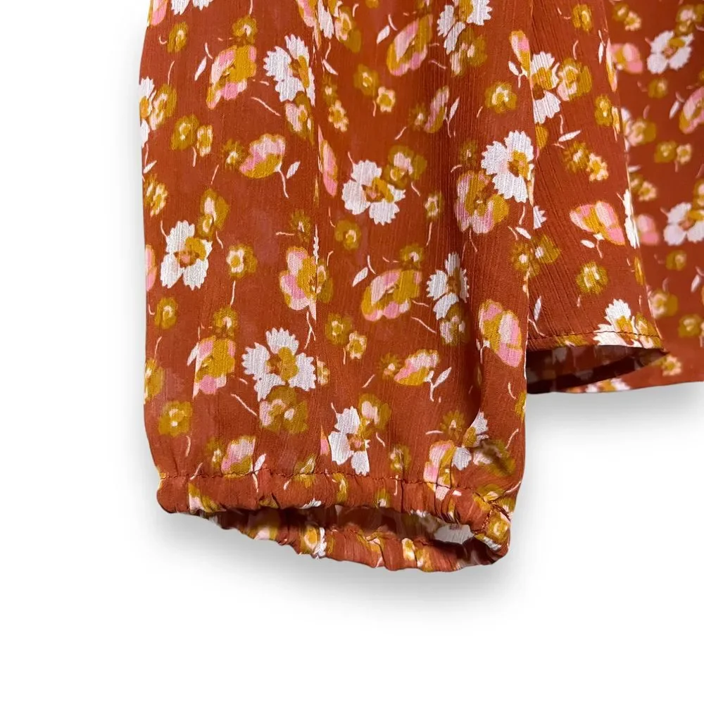 J Crew Shirt Medium Smocked Puff Sleeve Ruffle‎ Burnt Orange Floral Blouse